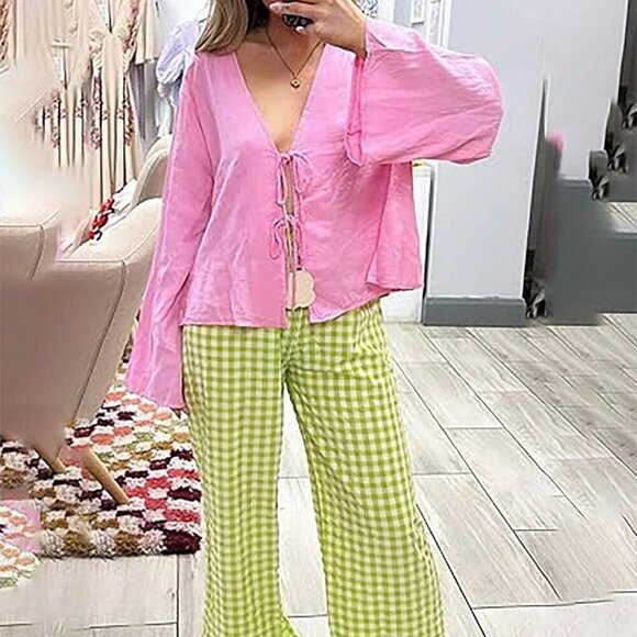 Pink Casual Women's Front Tie Shirt - Picture 4 of 6